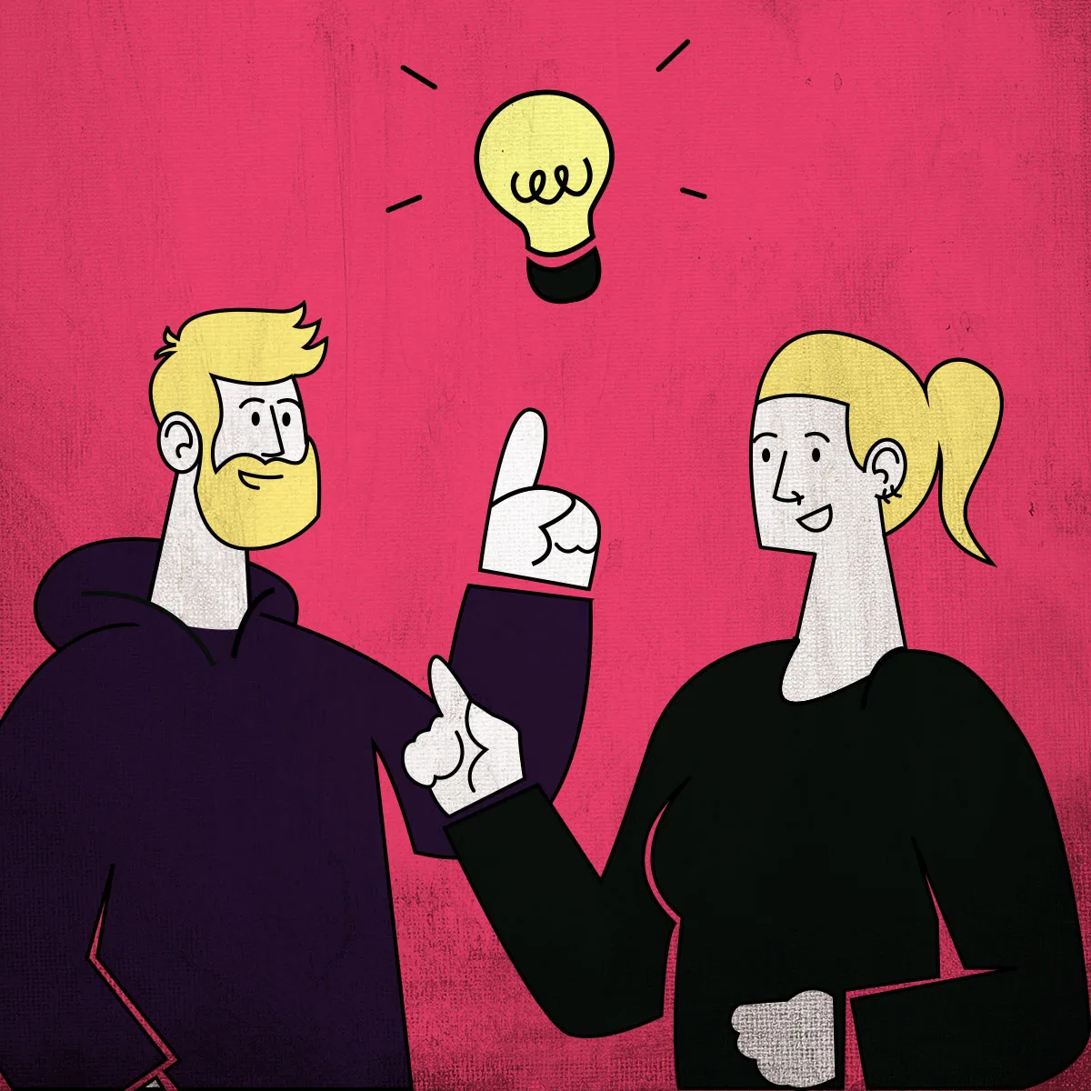 Anne und Felix von Kopf & Hand als kreativer Partner auf Augenhöhe und Problemlöser im Marketing illustriert.