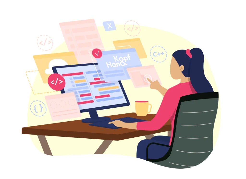 Illustration: Frau am Schreibtisch programmiert eine Website