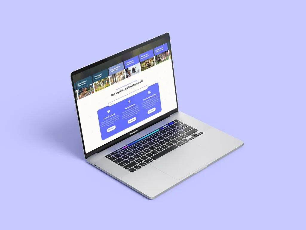 PfotenDynamic Hundeschule Webdesign, Logo und Corporate Design, Website auf MacBook